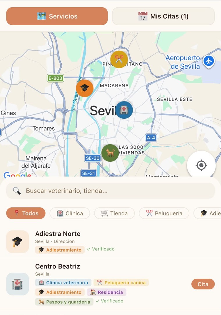 Buscador de centros en la app, con clínicas, peluquerías, adiestramiento y residencias verificadas