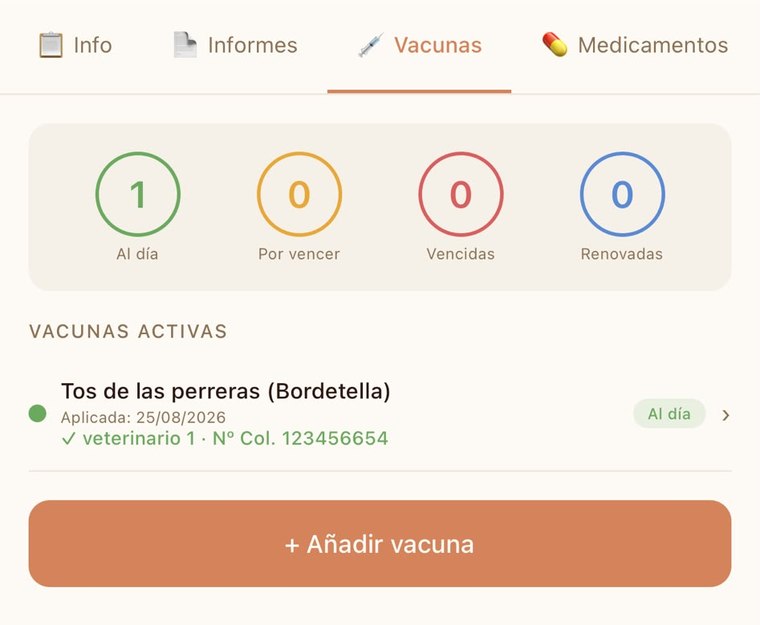 Pantalla de vacunas de la app: al dia, por vencer y vencidas