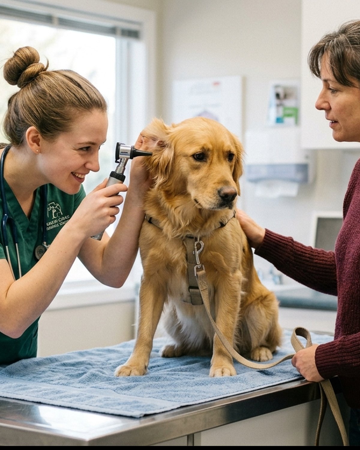 Veterinaria explorando a un perro en la consulta, con su dueña al lado