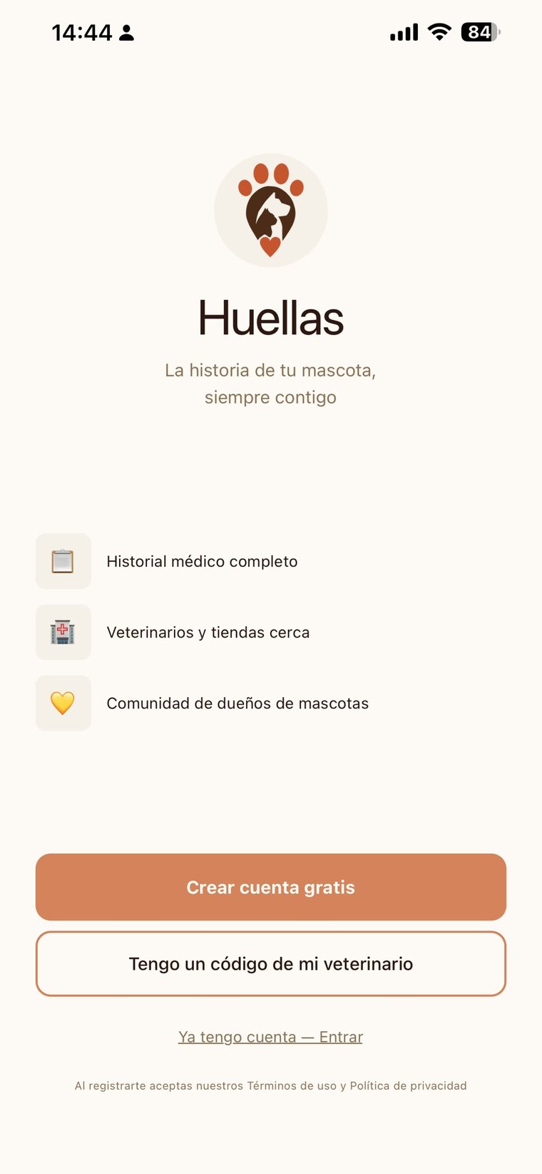 Pantalla de bienvenida de la app con las opciones de crear cuenta o introducir el codigo del veterinario