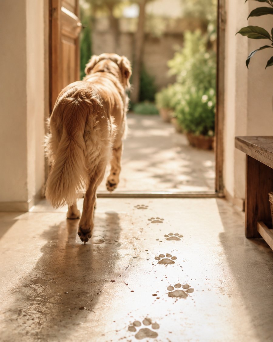 Un perro sale por la puerta de una casa dejando un rastro de huellas en el suelo