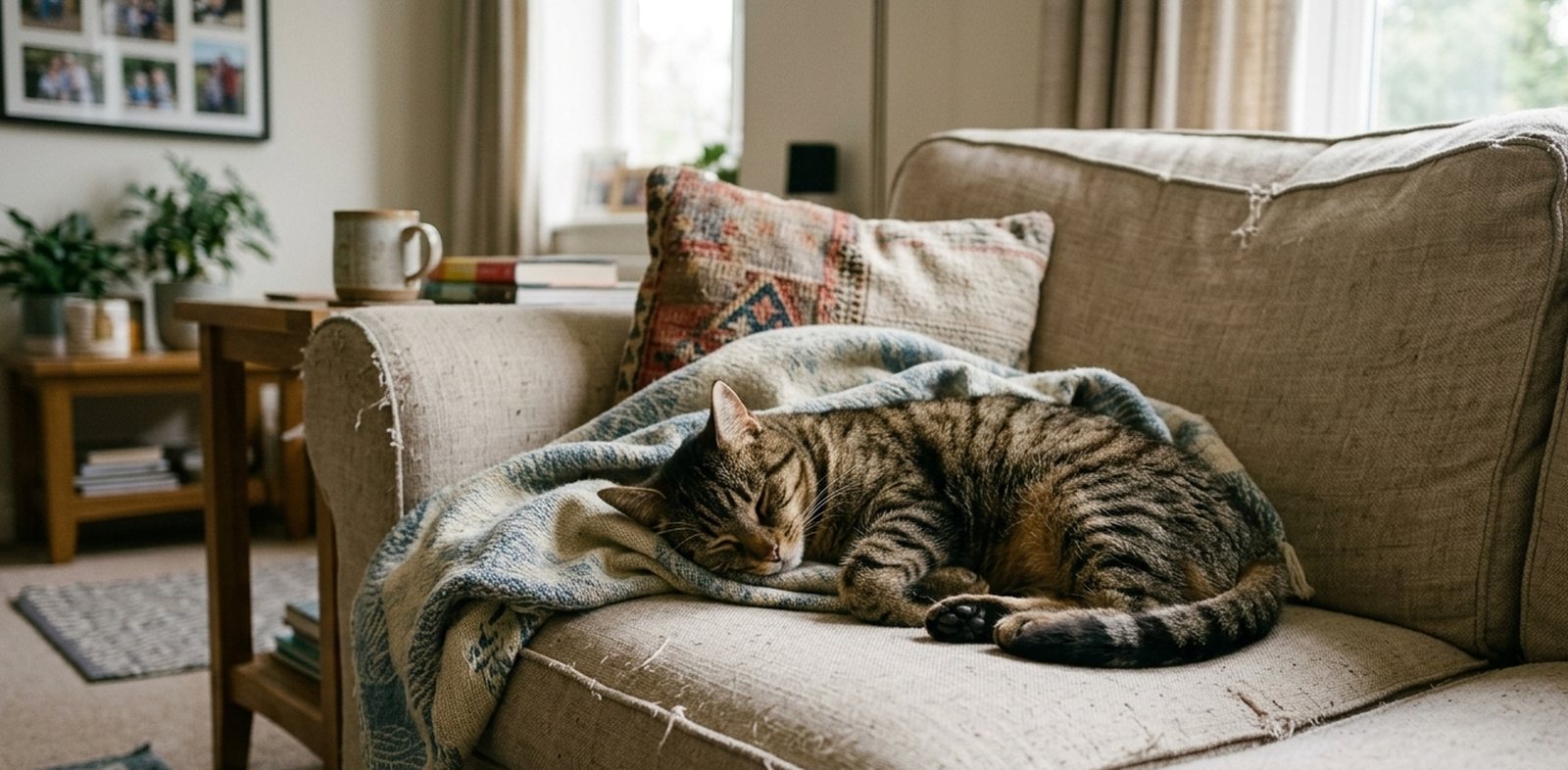 Gato dormido bajo una manta en el sofa de una casa